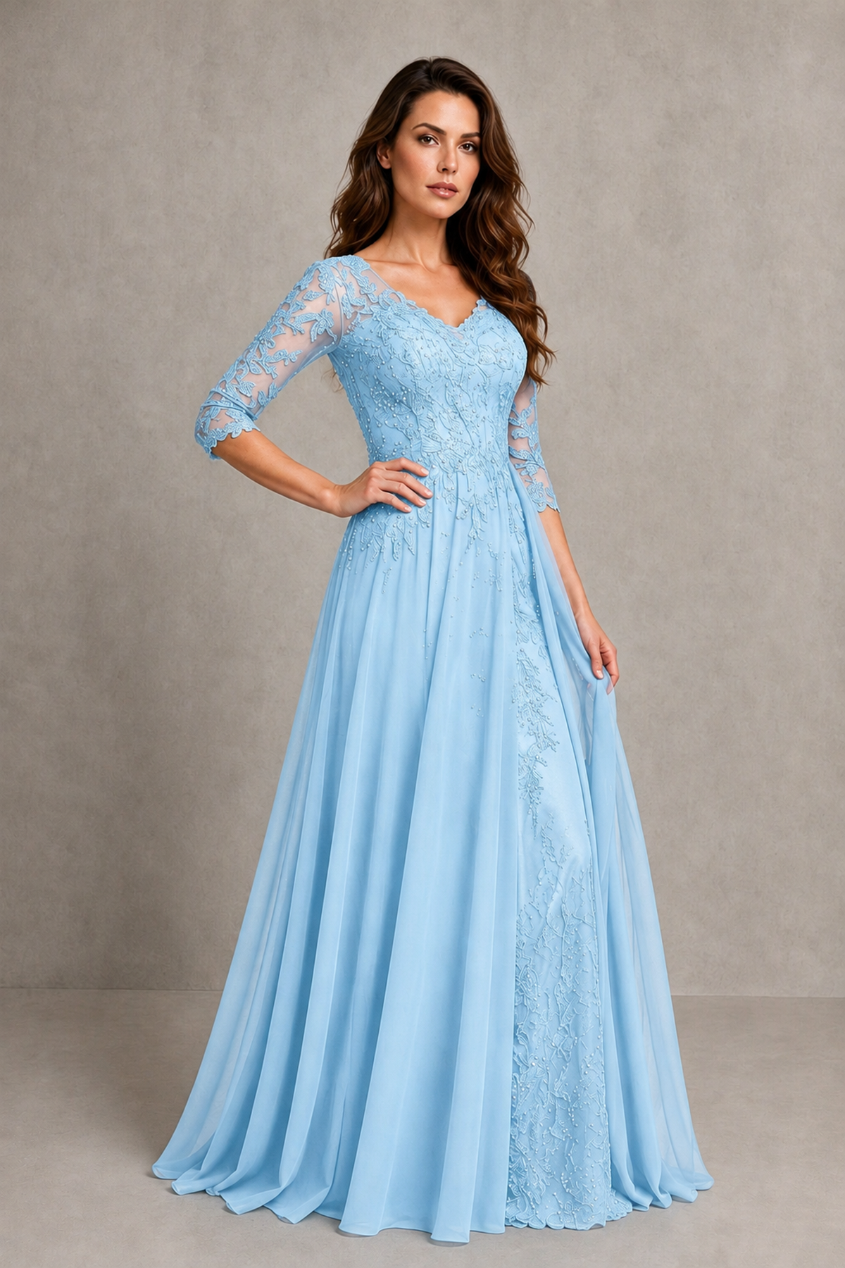 BOLODOO Midnight Light Blue Beaded Lace Appliqué Chiffon A-Line Gown | Mother of the Bride & Formal Evening Dress - Light Blue - Light Blue_3