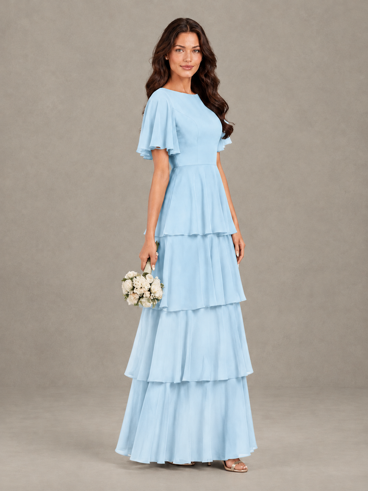 BOLODOO Light Blue Tiered Flutter Sleeve Bridesmaid Dress - Light Blue - Light Blue_3
