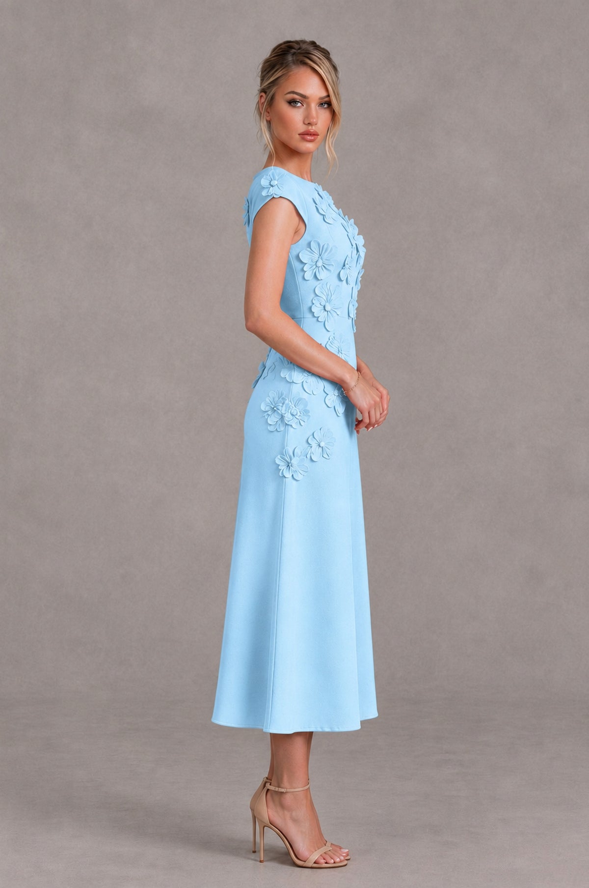 BOLODOO Light Blue 3D Floral Cap Sleeve Midi Cocktail Dress - Light Blue - Light Blue_3