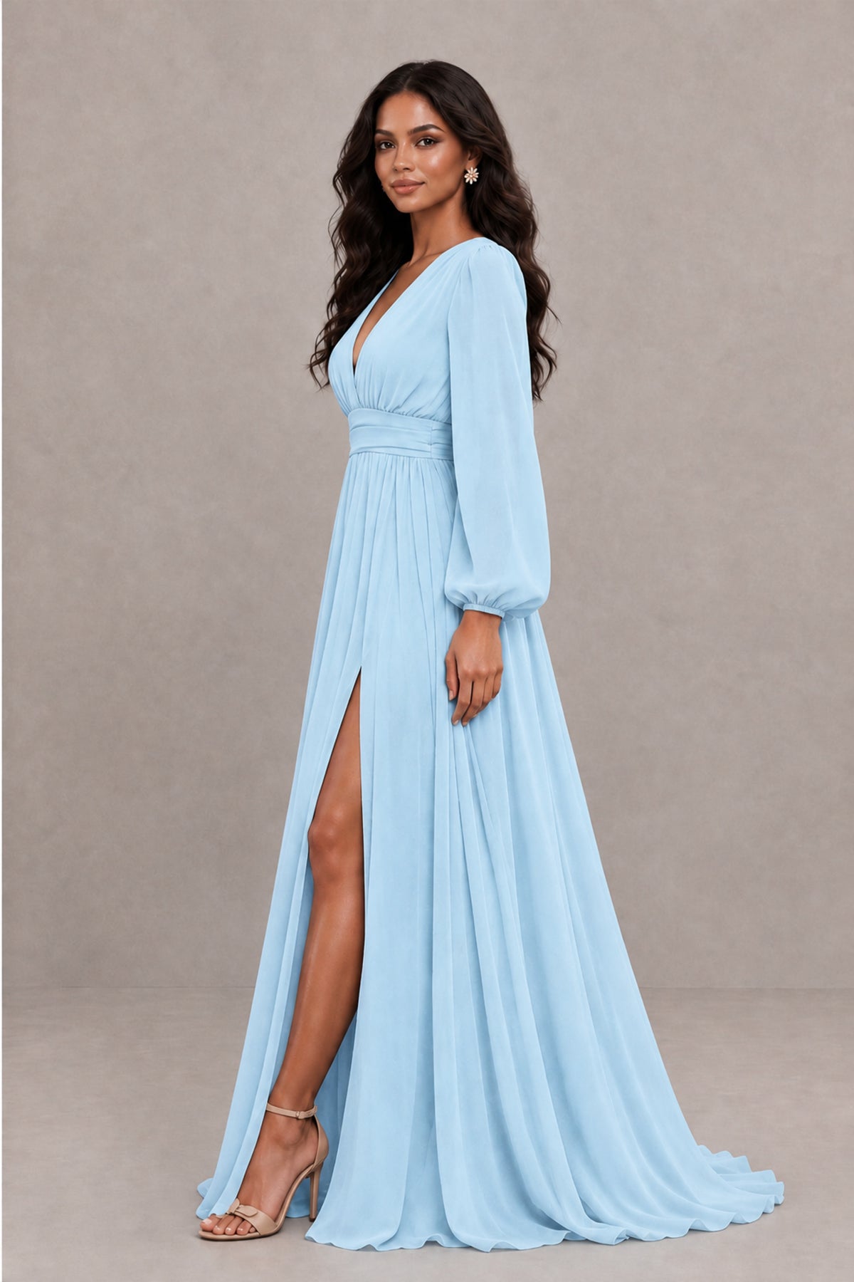 BOLODOO Light Blue Long Sleeve V-Neck A-Line Gown with Open Back & Slit - Light Blue - Light Blue_3