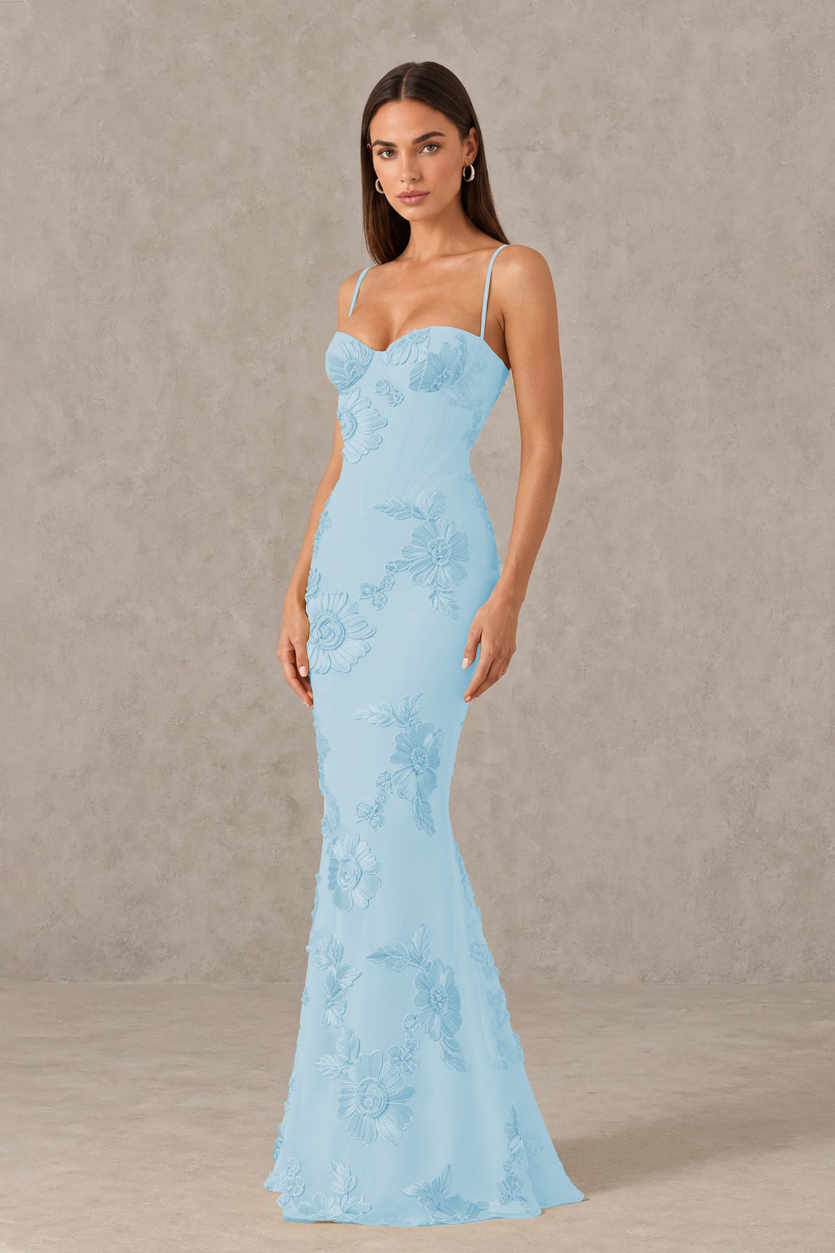 BOLODOO Light Blue Floral Lace-Up Back Mermaid Maxi Dress - Light Blue