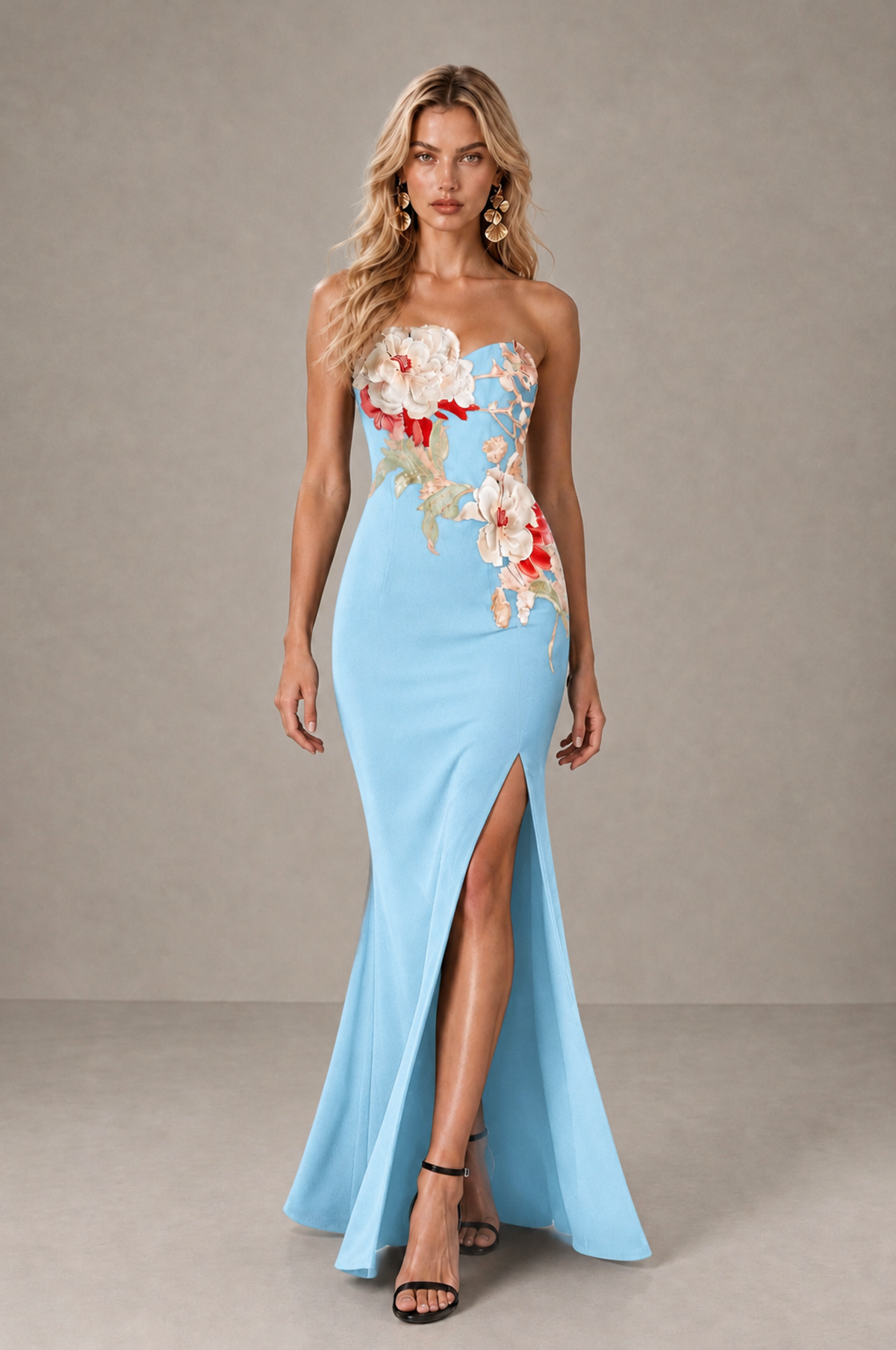 BOLODOO Light Blue Strapless Floral Mermaid Evening Dress with Slit - Light Blue - Light_Blue_3