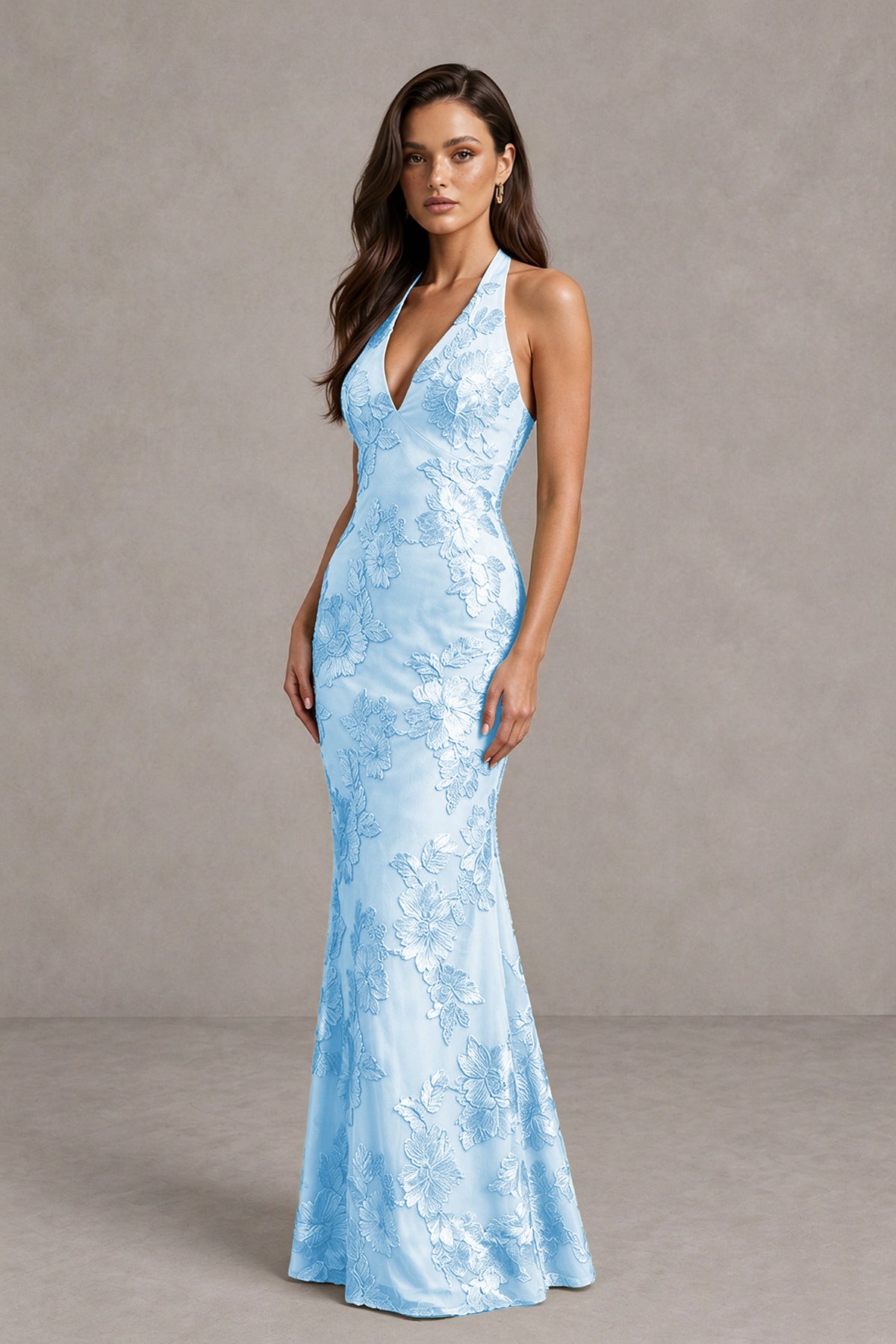 BOLODOO Light Blue Floral Jacquard Halter Maxi Dress - Light Blue - Light Blue(3)