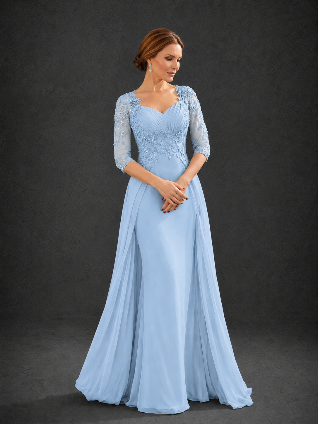 BOLODOO Light Blue Sweetheart Neck 3/4 Sleeve Floral Lace Illusion Bodice Chiffon A-Line Gown - Light Blue