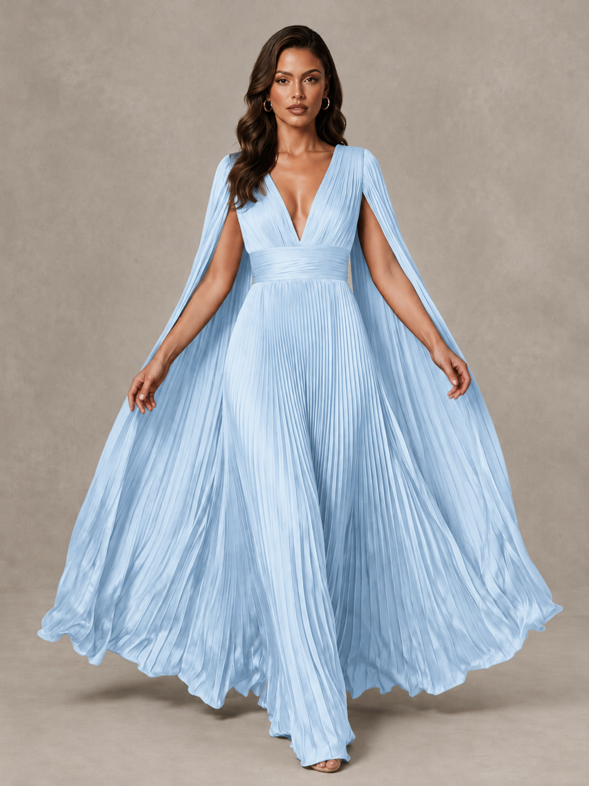 BOLODOO Light Blue Deep V-Neck Pleated Cape Sleeve Evening Gown - Light Blue - Light Blue_3