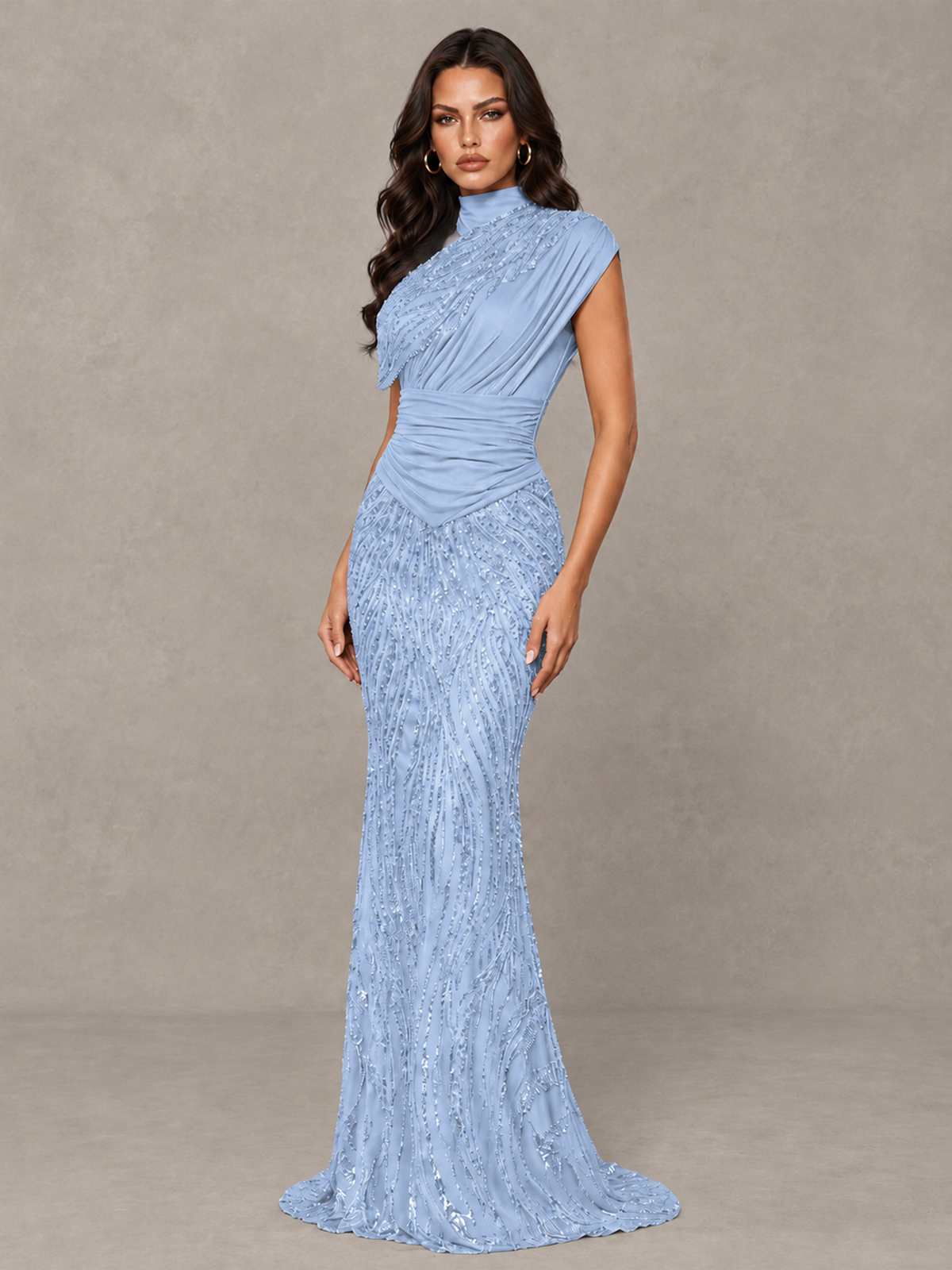 BOLODOO Light Blue High Neck Draped Sequin Mermaid Evening Gown - Light Blue - Light Blue_3