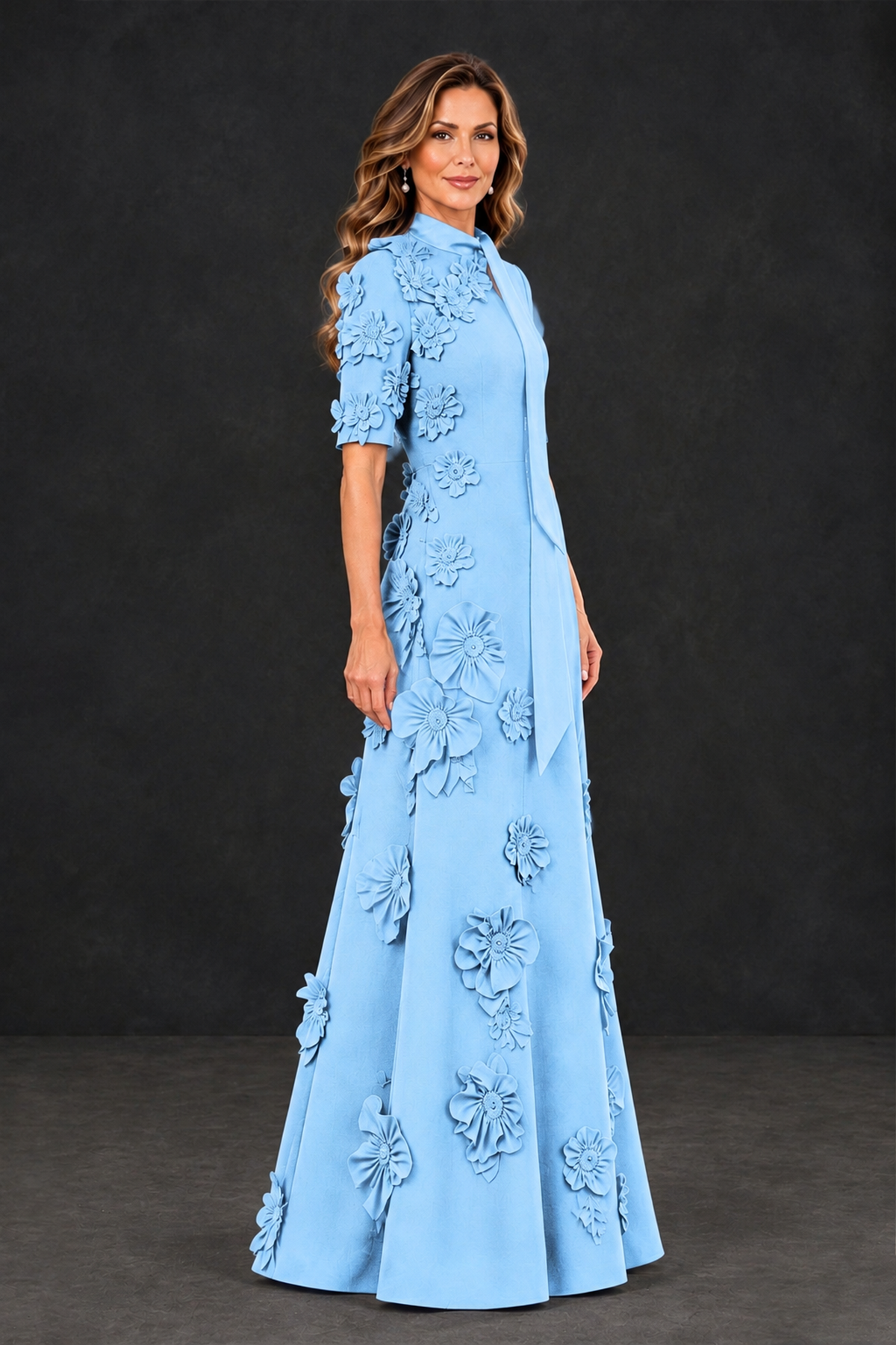 BOLODOO Light Blue Floral Applique High-Neck Half-Sleeve Gown - Light Blue - Light Blue_3