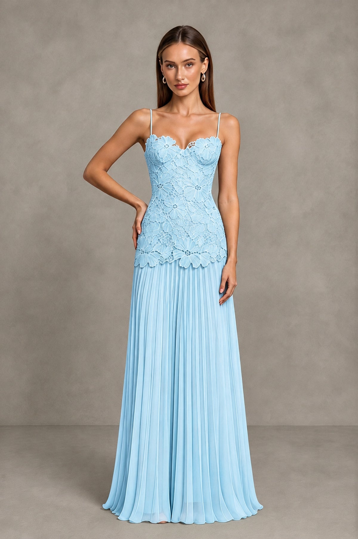 BOLODOO Light Blue Lace Bodice Pleated Wedding Guest Dress - Light Blue - Light Blue_3