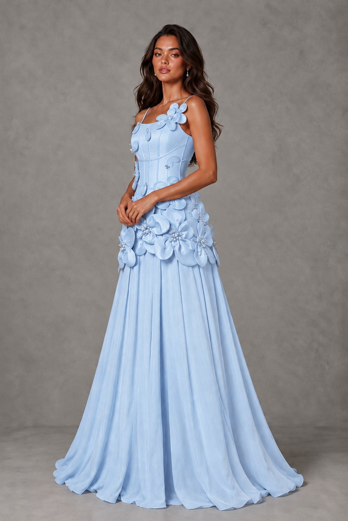 BOLODOO Light Blue 3D Floral Appliqué Floor-Length A-Line Evening Gown - Light Blue