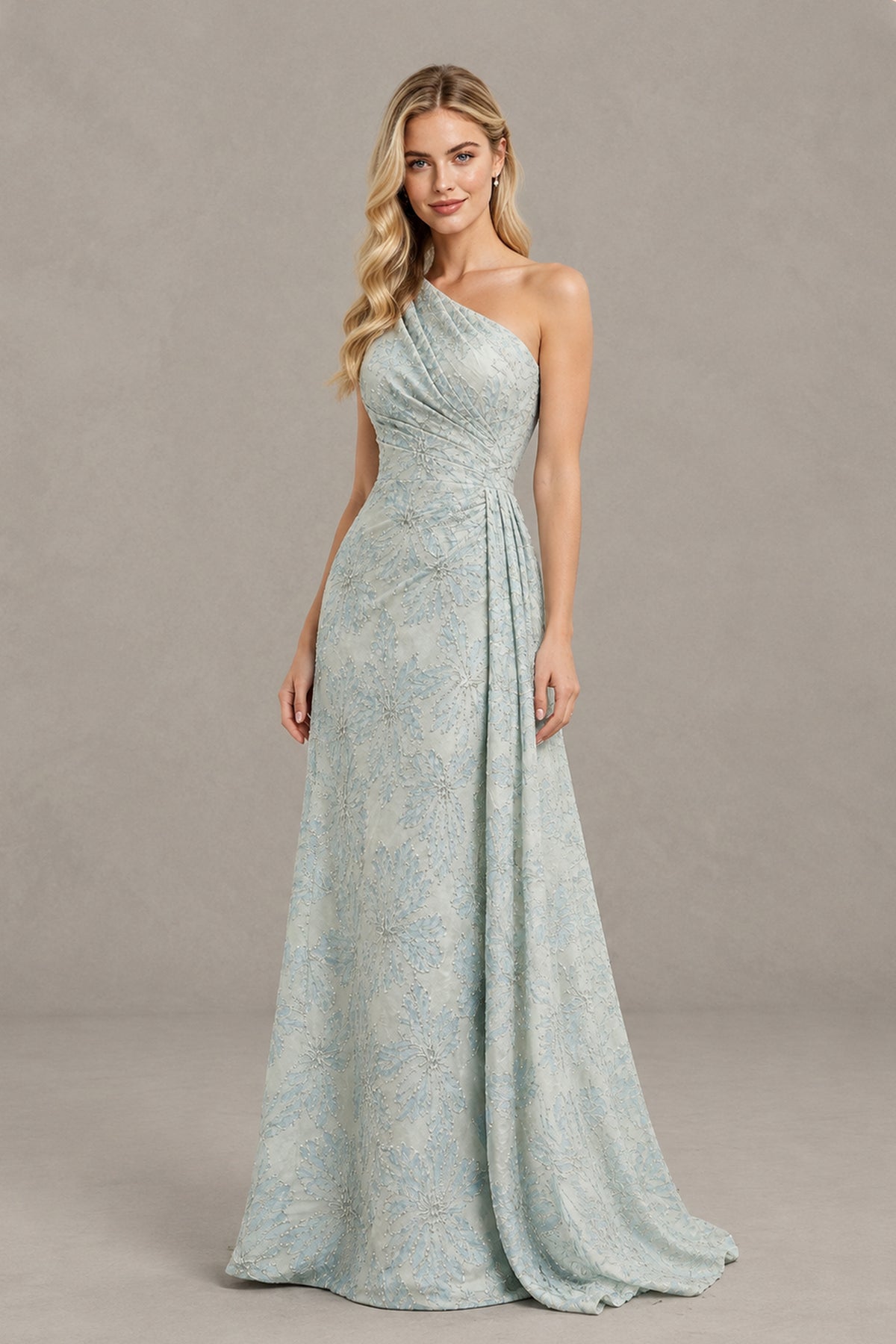 BOLODOO Light Blue One-Shoulder Textured Formal Gown - Light Blue
