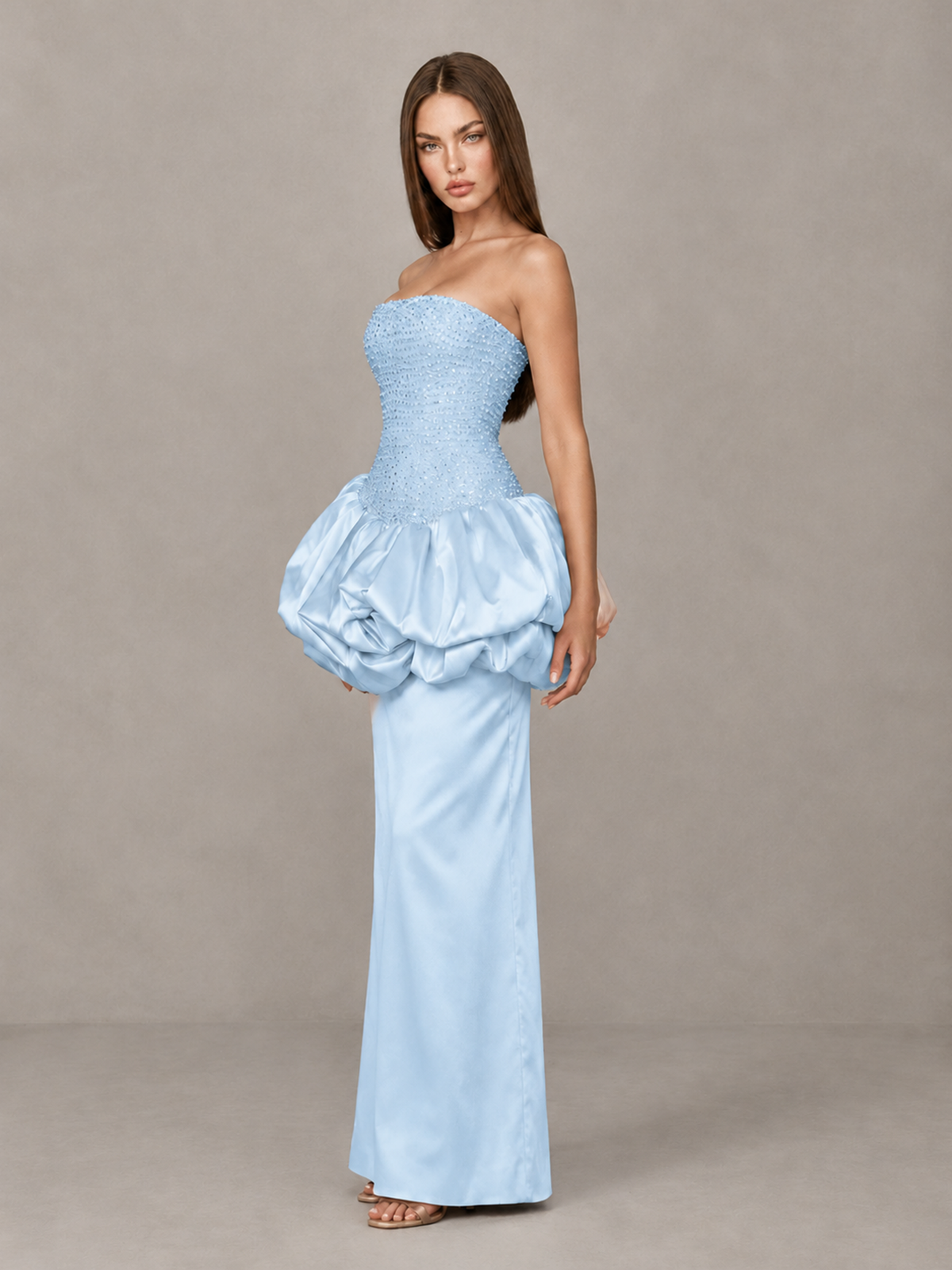 BOLODOO Light Blue Strapless Embellished Bubble Peplum Evening Dress - Light Blue - Light Blue_3