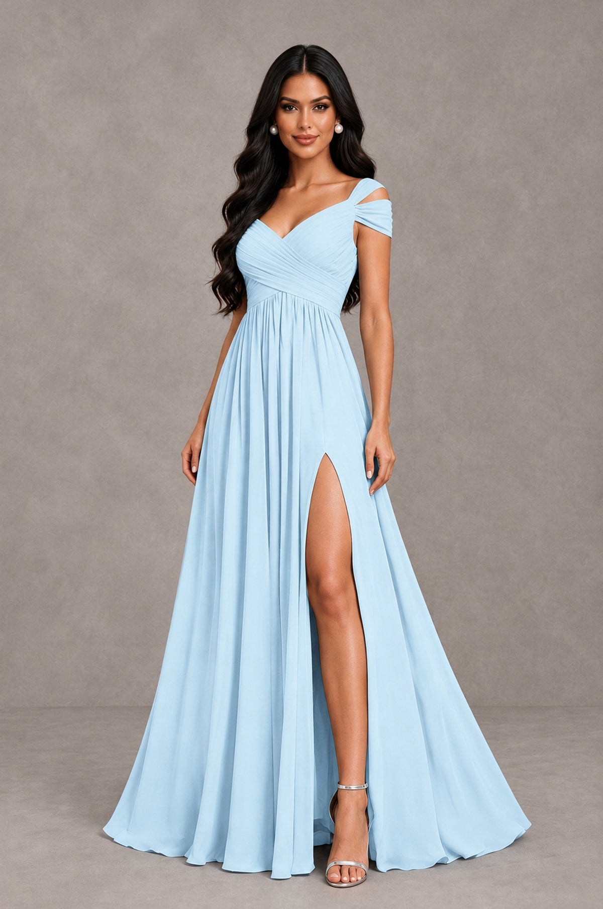 BOLODOO Light Blue Cold Shoulder Chiffon Evening Dress with V Neck and High Slit - Light Blue - Light Blue_3