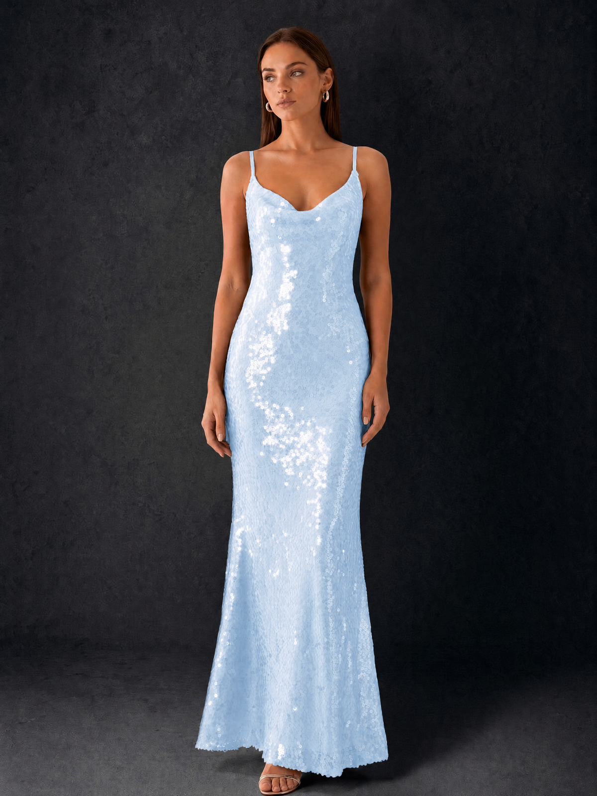 BOLODOO Bronze Sequin Cowl Neck Spaghetti Strap Mermaid Maxi Dress with Open Criss-Cross Back - Light Blue - Light Blue