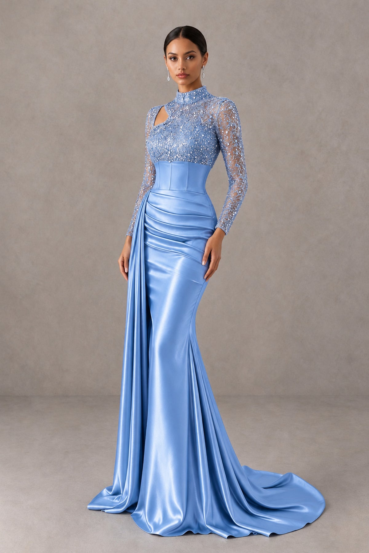 BOLODOO Light Blue Long Sleeve Embellished Satin Mermaid Evening Gown - Light Blue - Light Blue_3