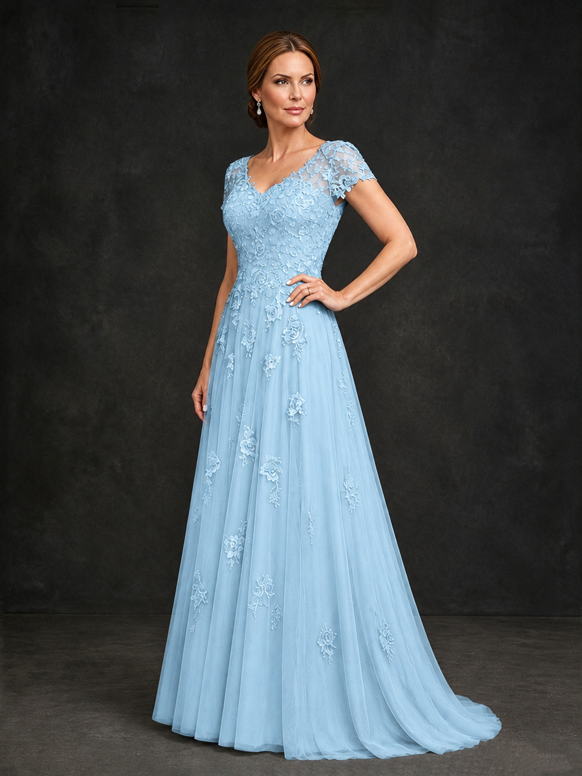 BOLODOO Light Blue Cap Sleeve Lace Appliqué A-Line Formal Gown | Mother of the Bride Dress - Light Blue - Light Blue_3