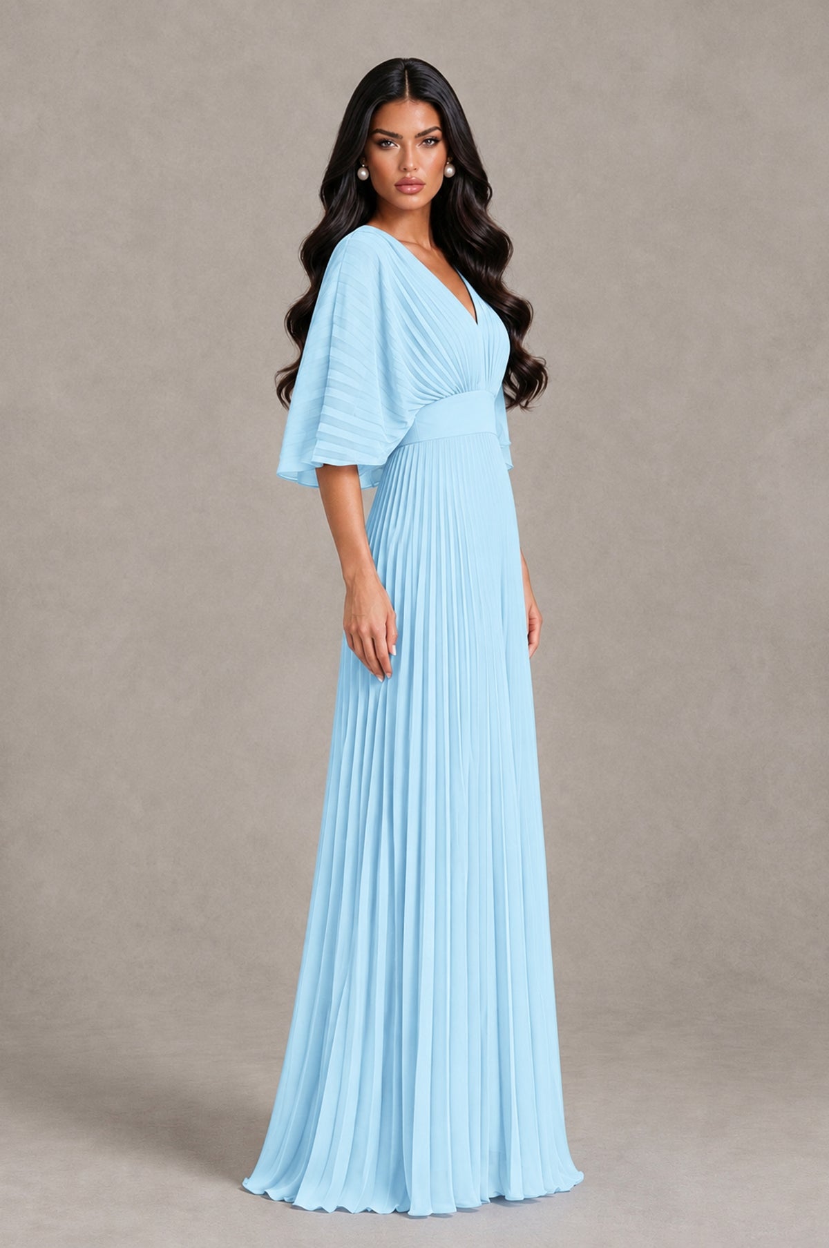 BOLODOO Light Blue V-Neck Pleated Flutter Sleeve Formal Dress - Light Blue - Light Blue_3