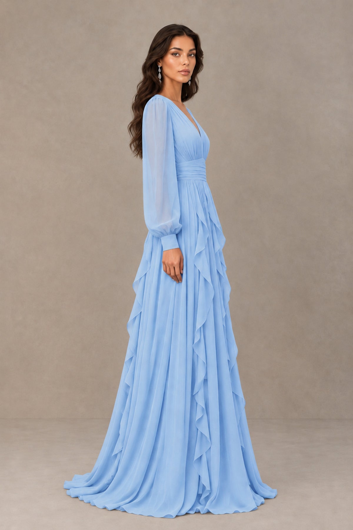 BOLODOO Light Blue Long Sleeve V-Neck Ruffle Maxi Dress - Light Blue