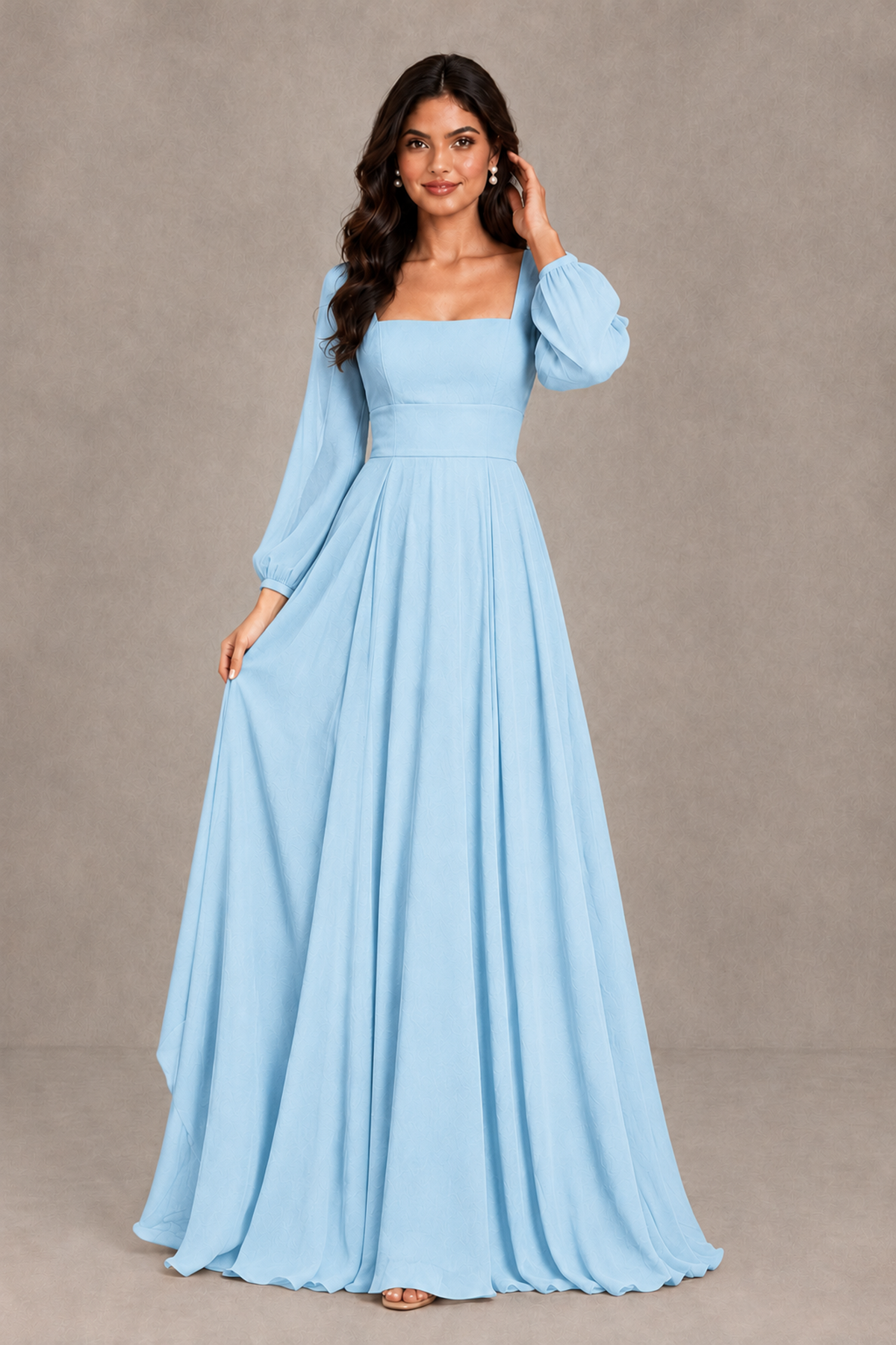 BOLODOO Light Blue Square Neck Long Sleeve A-Line Bridesmaid Dress - Light Blue - Light Blue_3