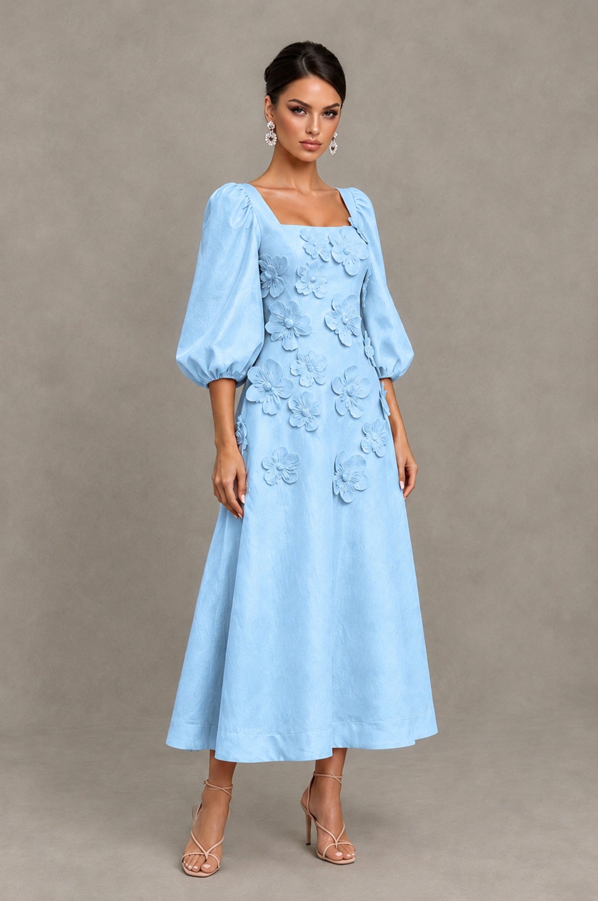 BOLODOO Light Blue 3D Floral Puff Sleeve Midi Cocktail Dress - Light Blue - Light Blue_3