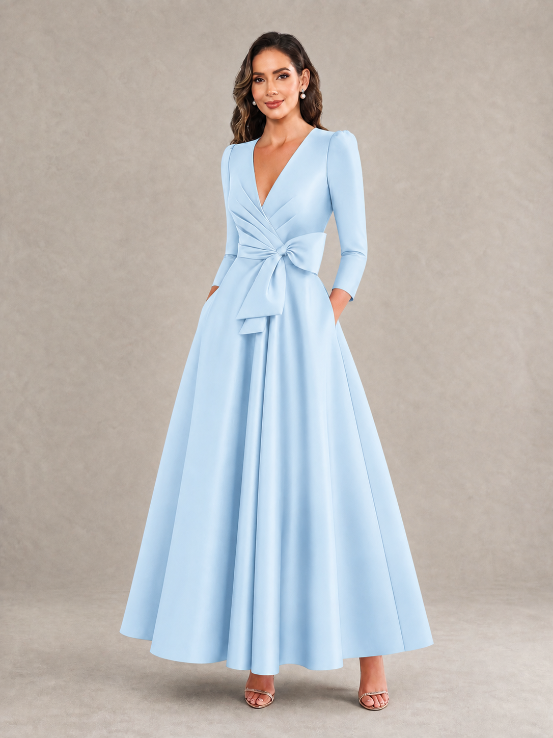 BOLODOO Light Blue Satin Deep V-Neck Wrap 3/4 Puff Sleeve A-Line Ball Gown Maxi Dress with Oversized Bow Belt - Light Blue