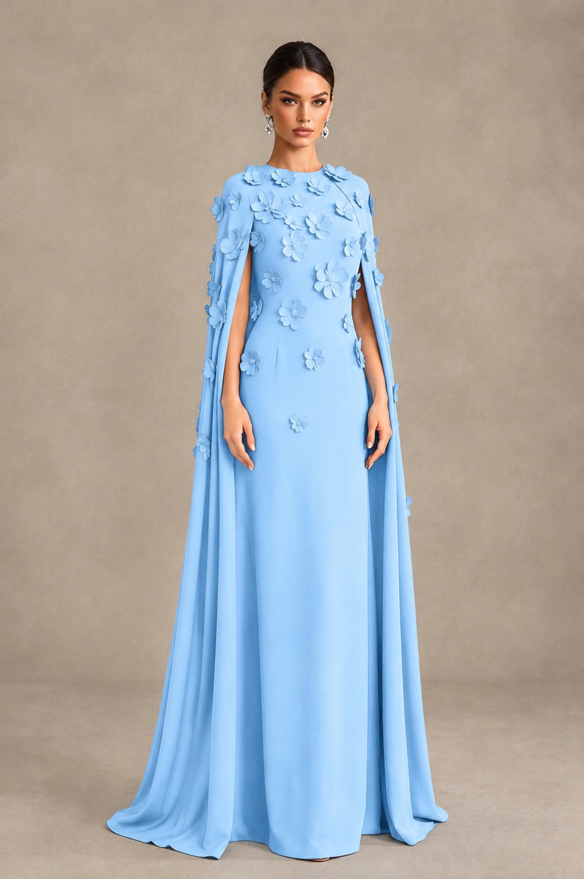 BOLODOO Light Blue 3D Floral Applique Cape Formal Dress - Light Blue - Light Blue_3