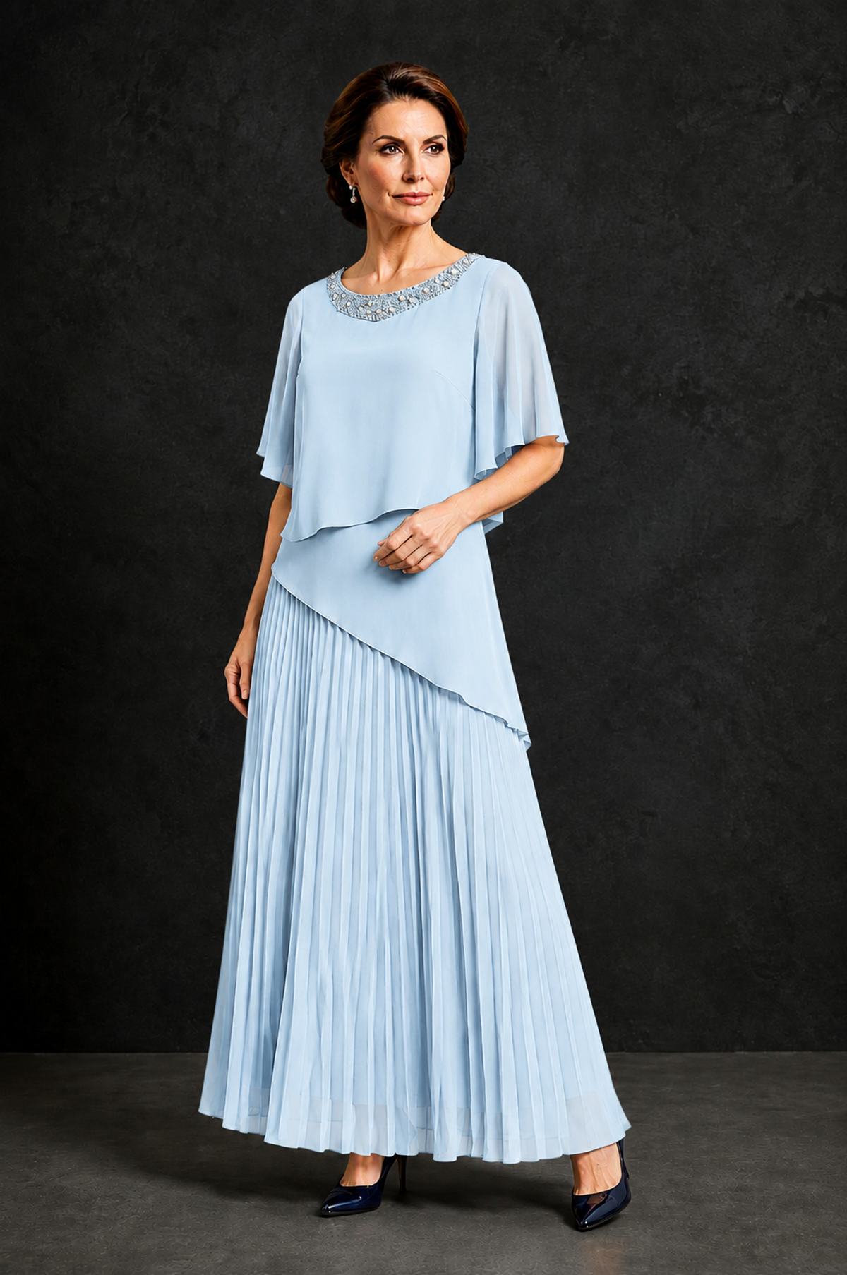 BOLODOO Light Blue Pearl Beaded Neck Asymmetric Tiered Flutter Sleeve Pleated Chiffon Maxi Dress - Light Blue - Light_Blue_3