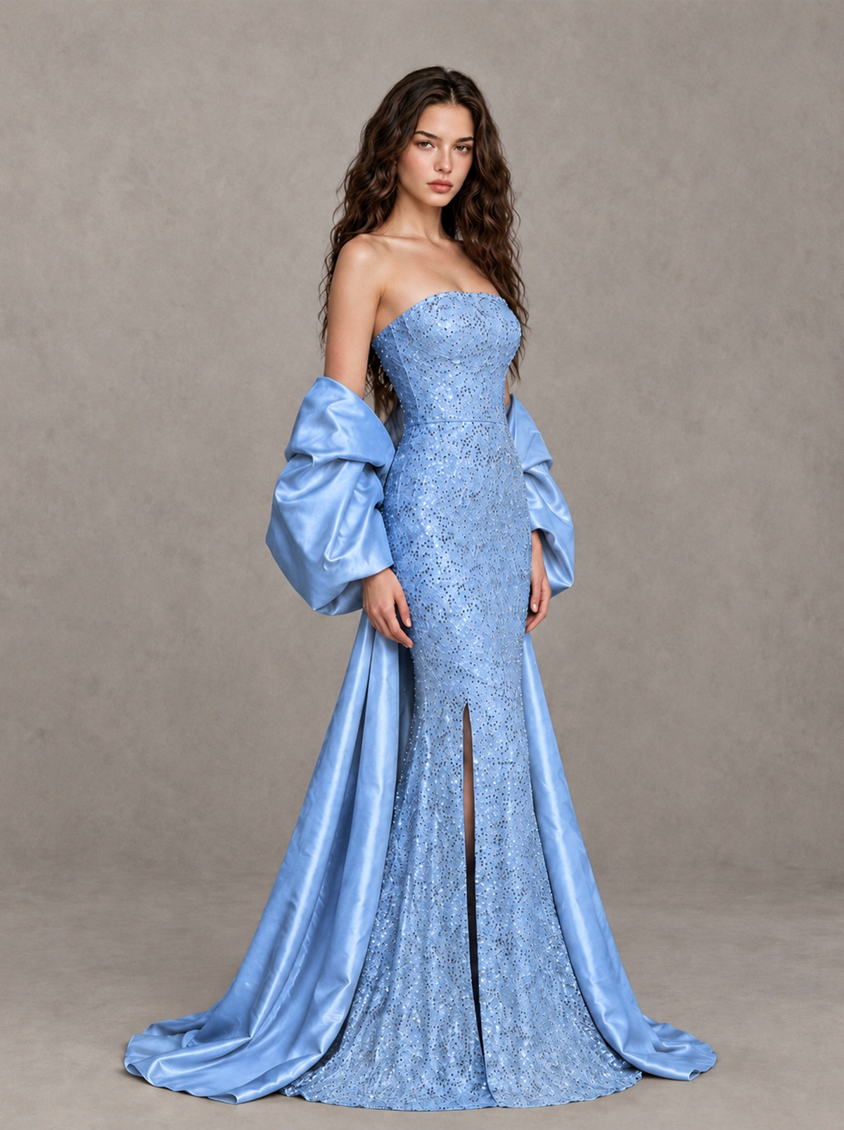 BOLODOO Light Blue Strapless Sparkle Mermaid Prom Dress with Front Slit and Draped Sleeves - Light Blue - Light Blue_3