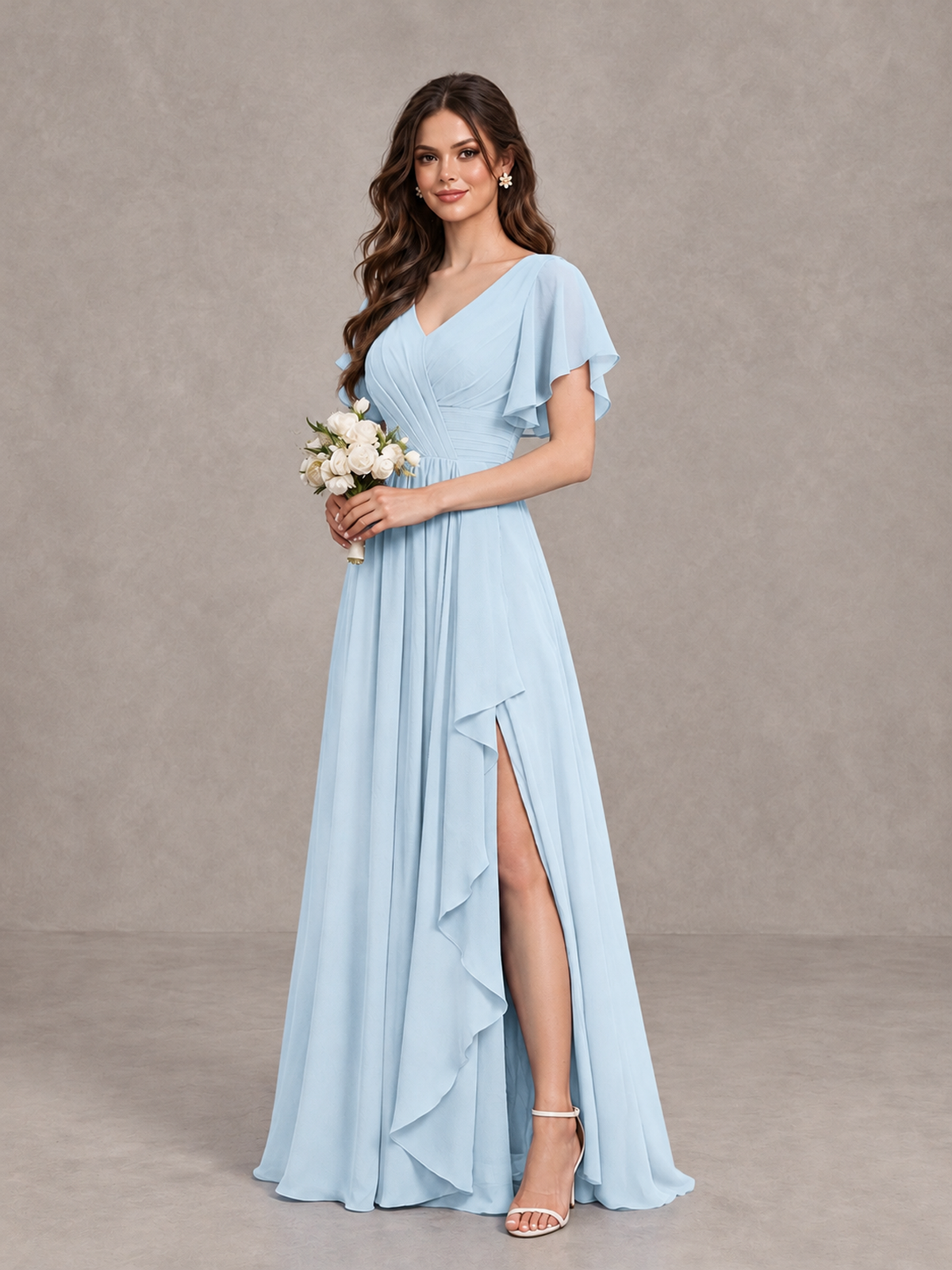 BOLODOO Light Blue Flutter Sleeve V-Neck Bridesmaid Dress with Ruffle Slit - Light Blue - Light Blue_3