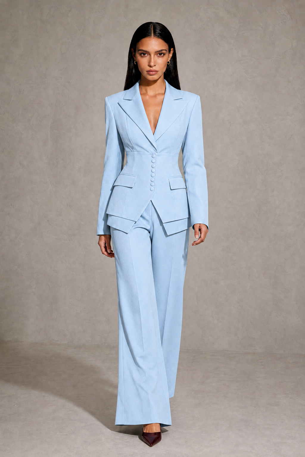 BOLODOO Light Blue Cinched Waist Blazer and Wide Leg Pants Two Piece Suit Set - Light Blue