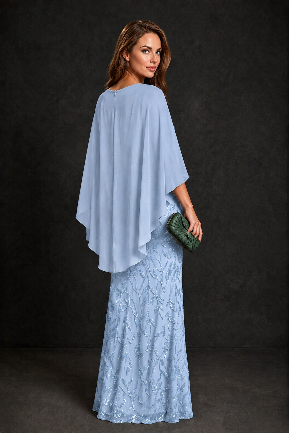 BOLODOO Light Blue Round Neck Chiffon Cape Overlay Sequin Lace Mermaid Maxi Dress - Light Blue - Light Blue_3
