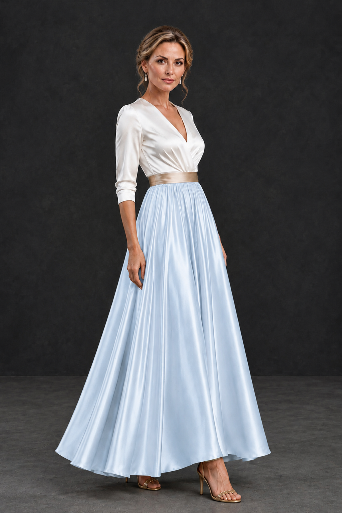 BOLODOO Light Blue and White V-Neck A-Line Mother of the Bride Dress - Light Blue - Light Blue_3