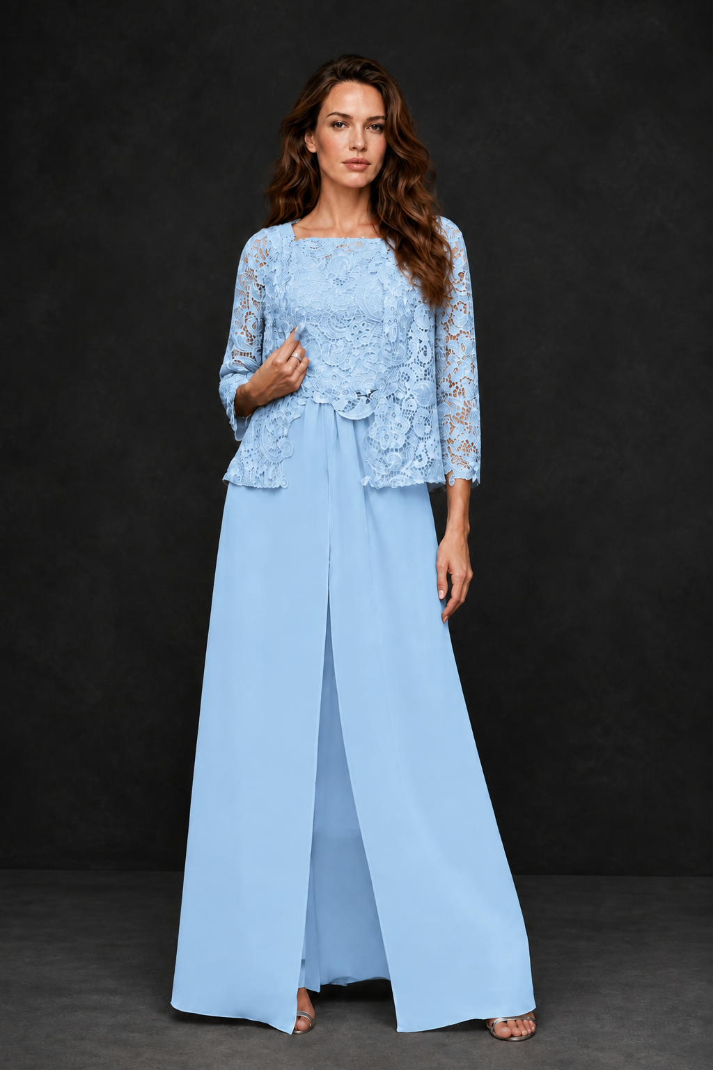 BOLODOO Light Blue Grey Lace Peplum Top & Wide-Leg Chiffon Pants Set | Mother of the Bride & Formal Evening Outfit - Light Blue