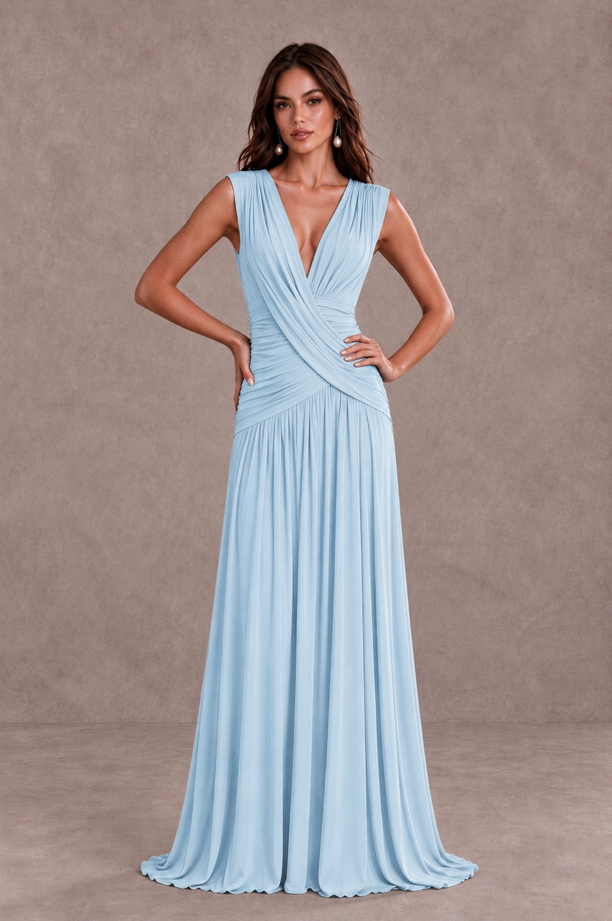 BOLODOO Light Blue V-Neck Ruched Wedding Guest Dress - Light Blue - Light Blue_3