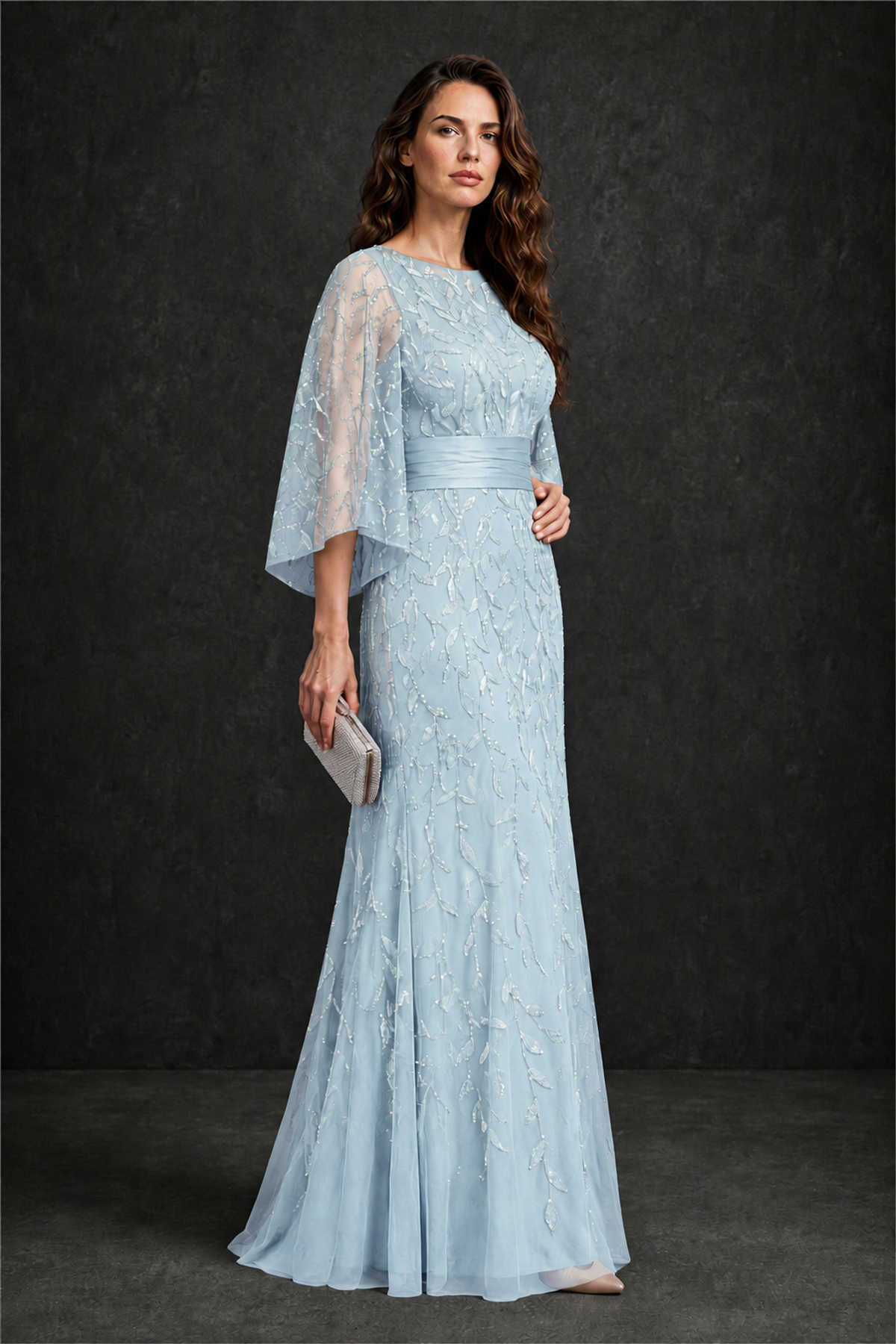 BOLODOO Light Blue Bateau Neck Bell Sleeve Sequin Embroidered Satin Waist A-Line Maxi Dress - Light Blue - Light_Blue_3