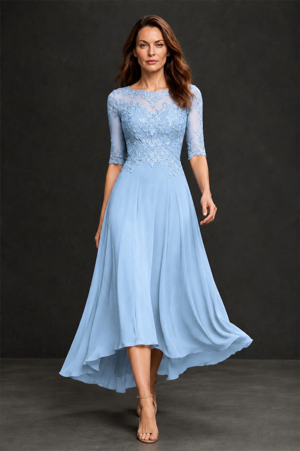 BOLODOO Light Blue Illusion Lace 3/4 Sleeve Hi-Lo Chiffon A-Line Dress | Mother of the Bride Tea Length Dress - Light Blue