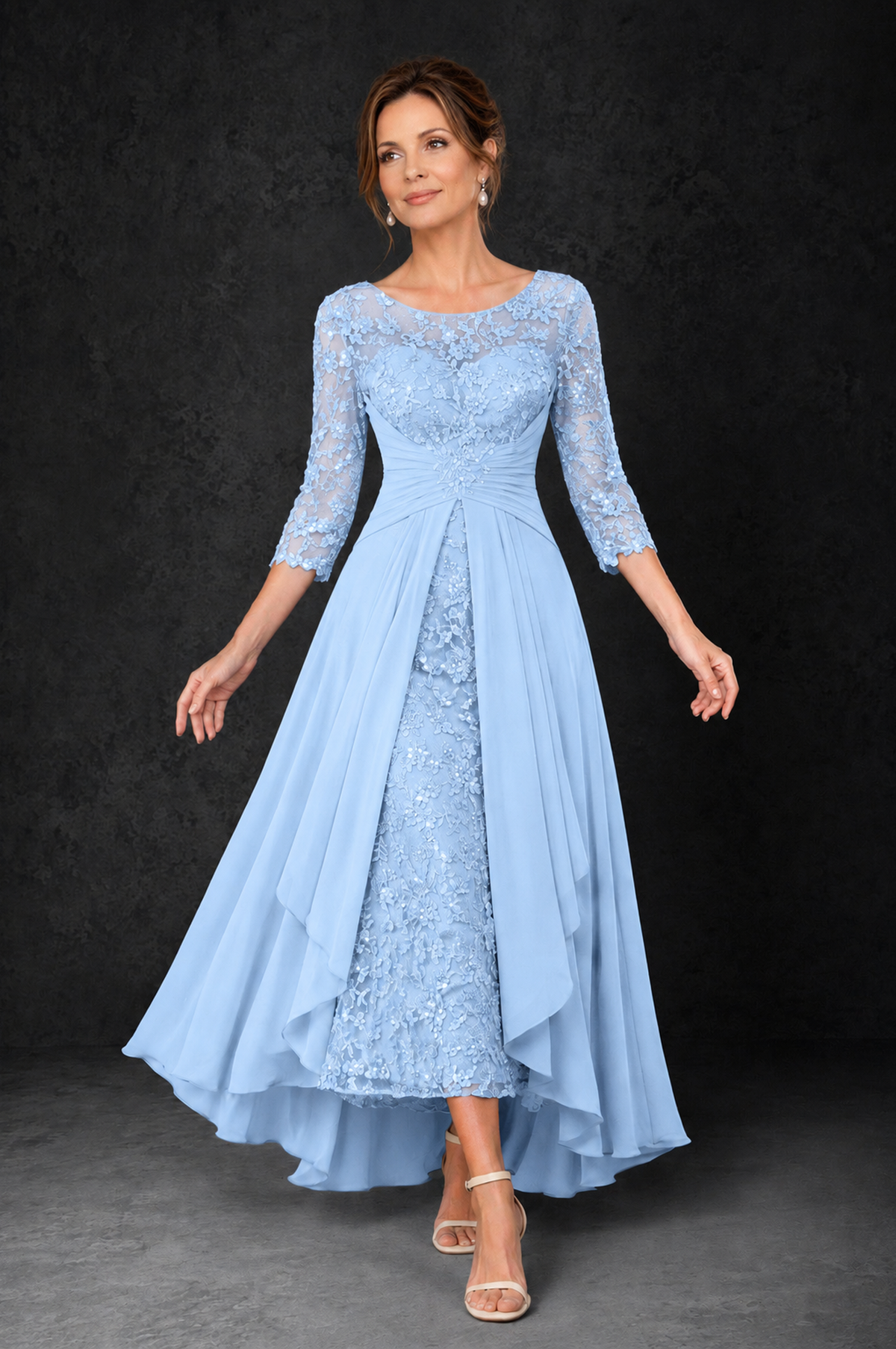 BOLODOO Light Blue Sequin Lace & Chiffon Tea-Length Mother of the Bride Dress with 3/4 Sleeves - Light Blue