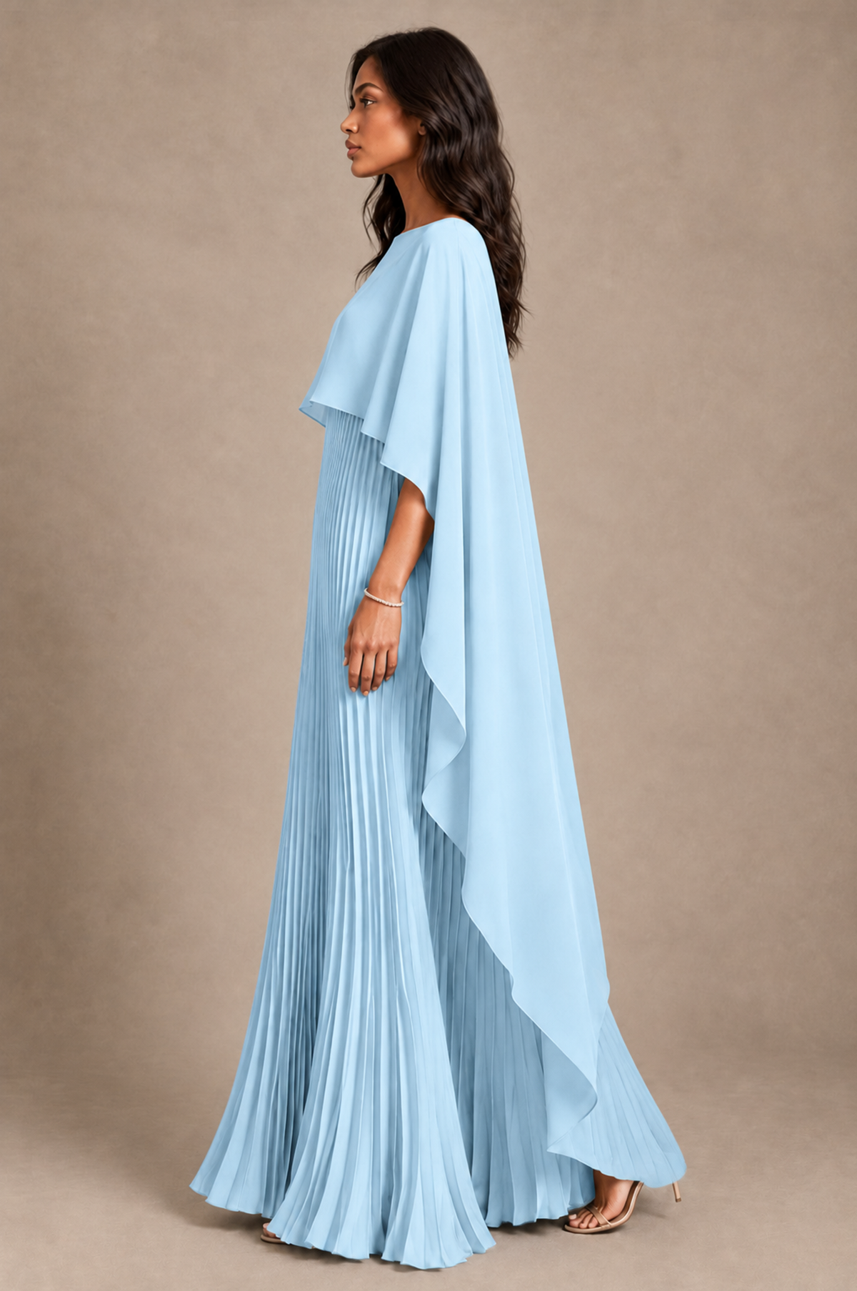 BOLODOO Light Blue Pleated Cape A-Line Evening Dress - Light Blue - Light_Blue_3