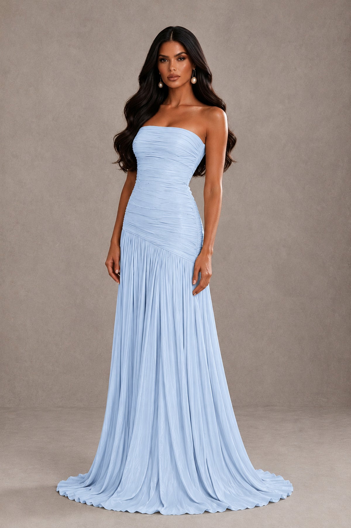 BOLODOO Light Blue Metallic Ruched Strapless Pleated A-Line Backless Maxi Dress with Train - Light Blue - Light Blue_3