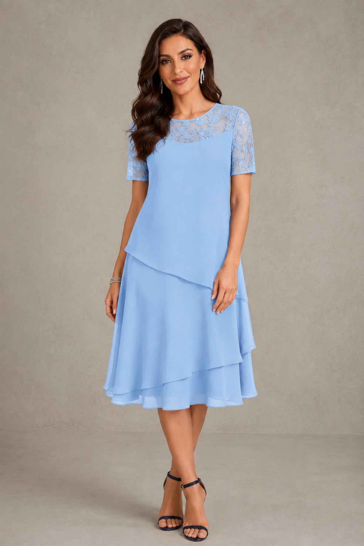 BOLODOO Light Blue Illusion Lace Short Sleeve Tiered Chiffon Tea Length Dress | Mother of the Bride Midi Dress - Light Blue