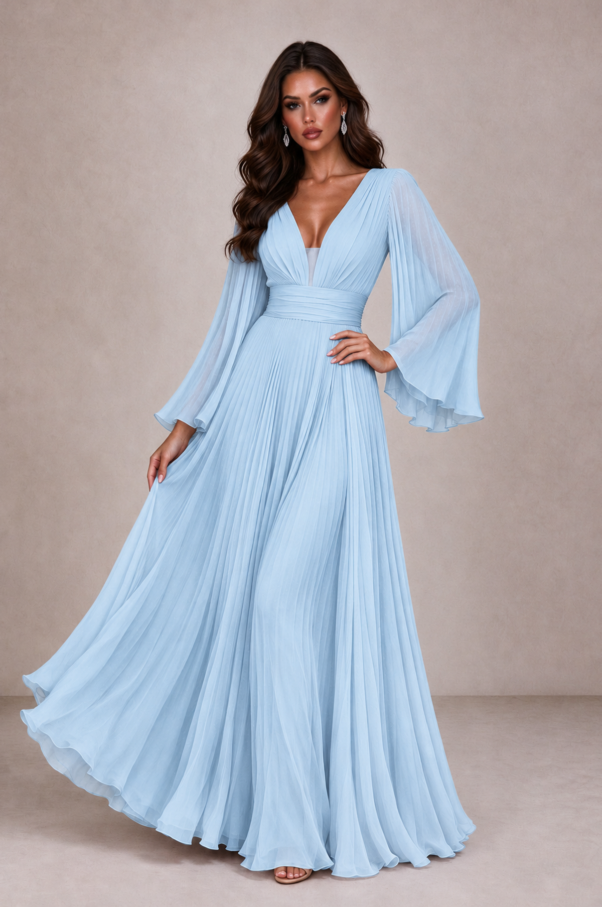BOLODOO Light Blue Pleated Deep V-Neck Long Bell Sleeve Evening Dress - Light Blue - Light_Blue_3