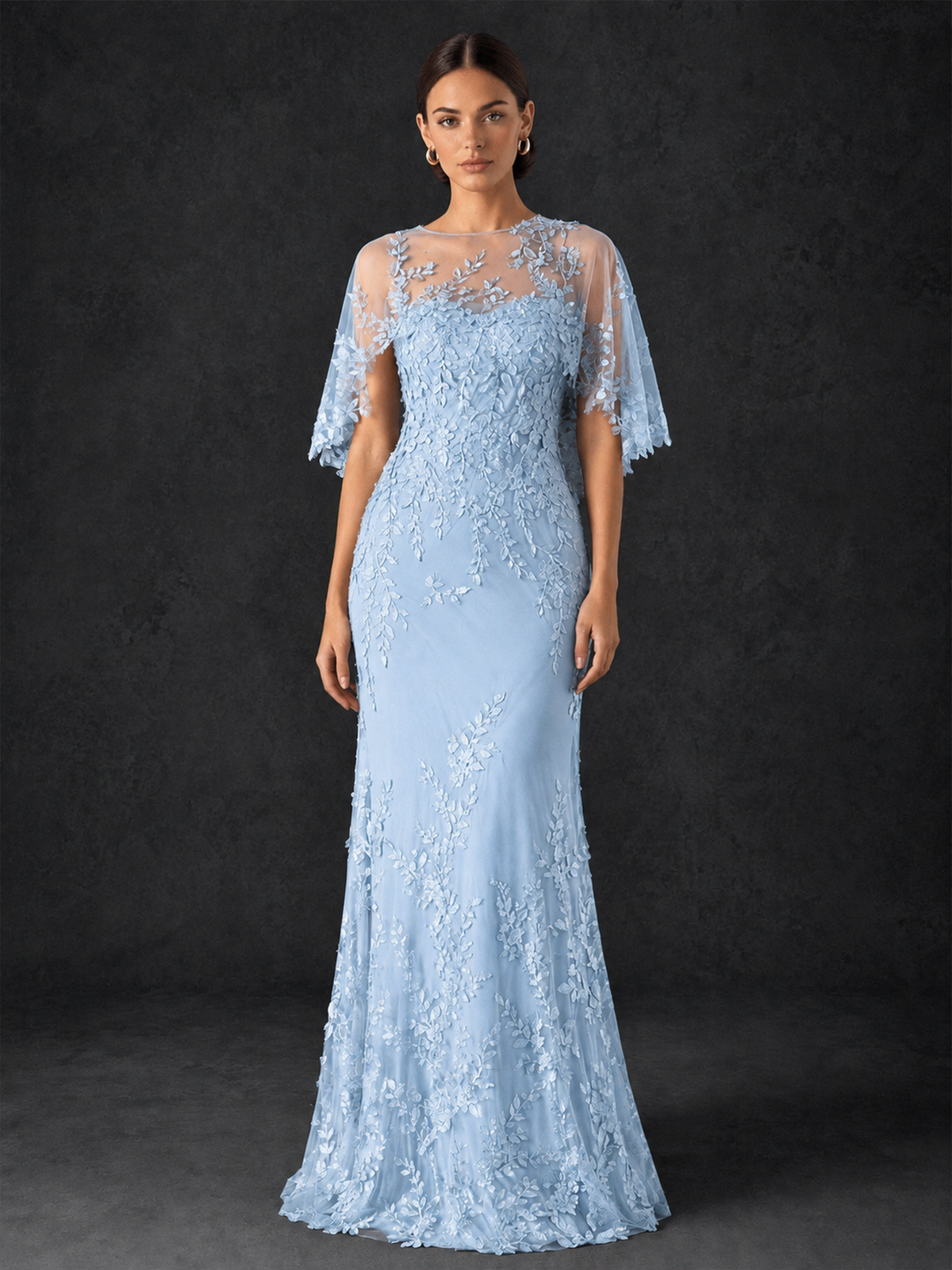 BOLODOO Mocha Rose Botanical Lace Flutter Sleeve Mermaid Gown - Light Blue - Light Blue