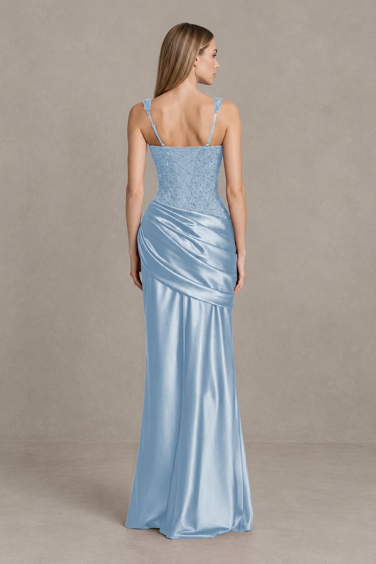 BOLODOO Light Blue Square Neck Embellished Satin Evening Gown - Light Blue