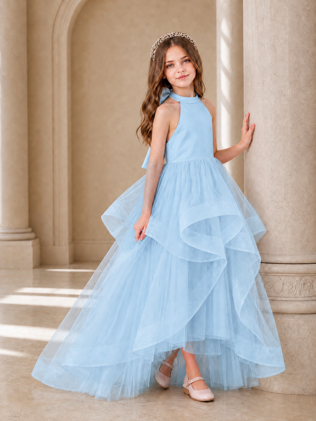 BOLODOO Light Blue Halter Tiered Tulle Flower Girl Dress with Bow Back - Light Blue - Light Blue_3