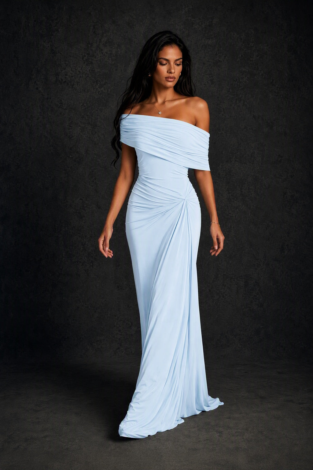 BOLODOO Light Blue Off-Shoulder Ruched Maxi Dress - Light Blue