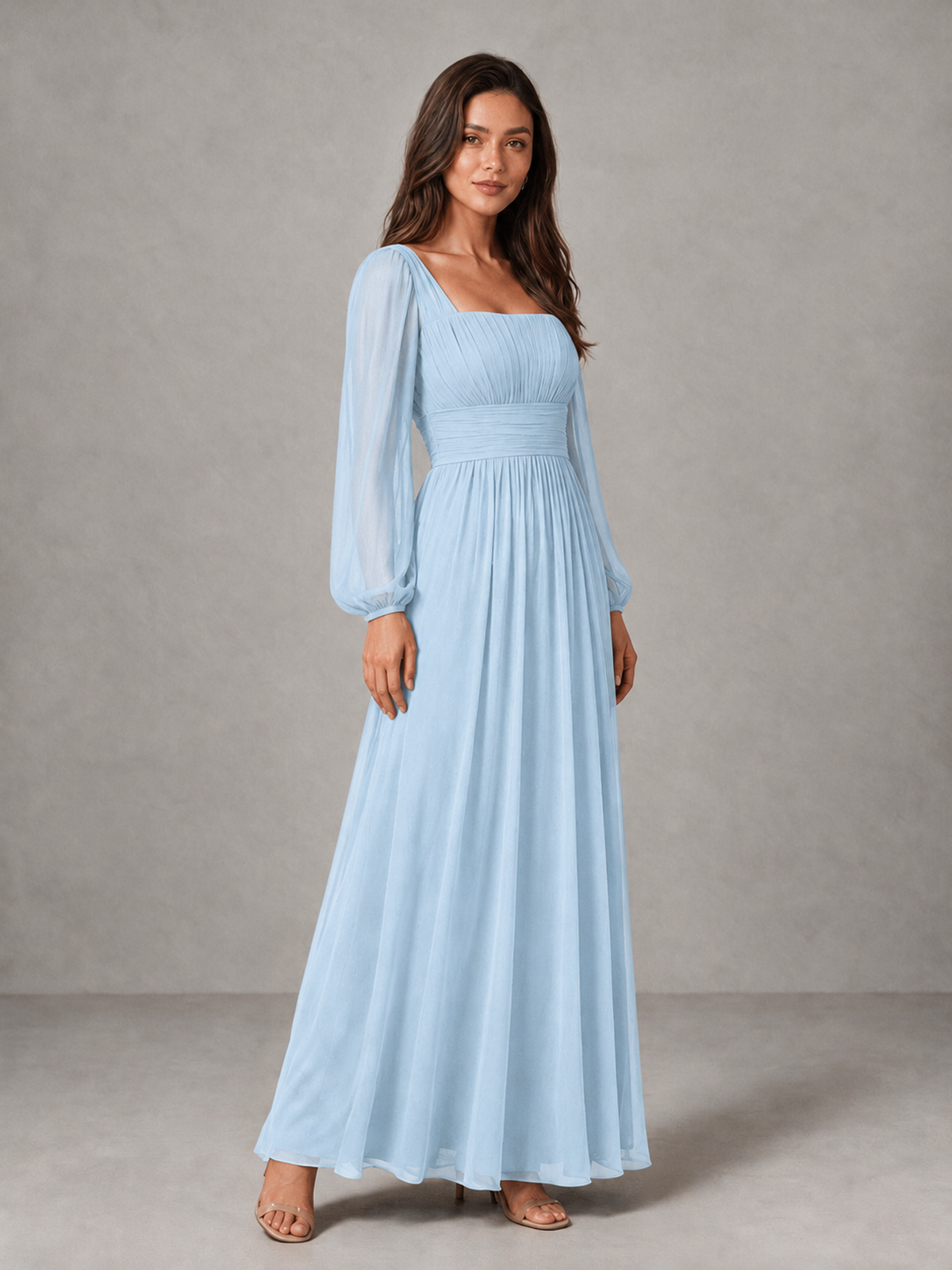BOLODOO Light Blue Square Neck Long Sleeve Chiffon Bridesmaid Dress - Light Blue - Light Blue_3