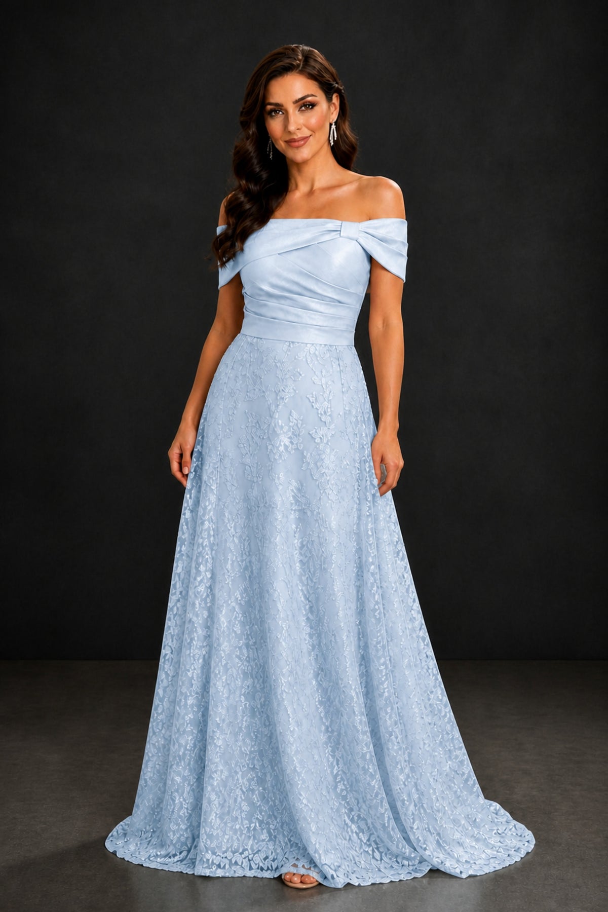 BOLODOO Light Blue Lace Glitter Off Shoulder Cap Sleeve A-Line Ball Gown with Train – Formal Evening Dress - Light Blue