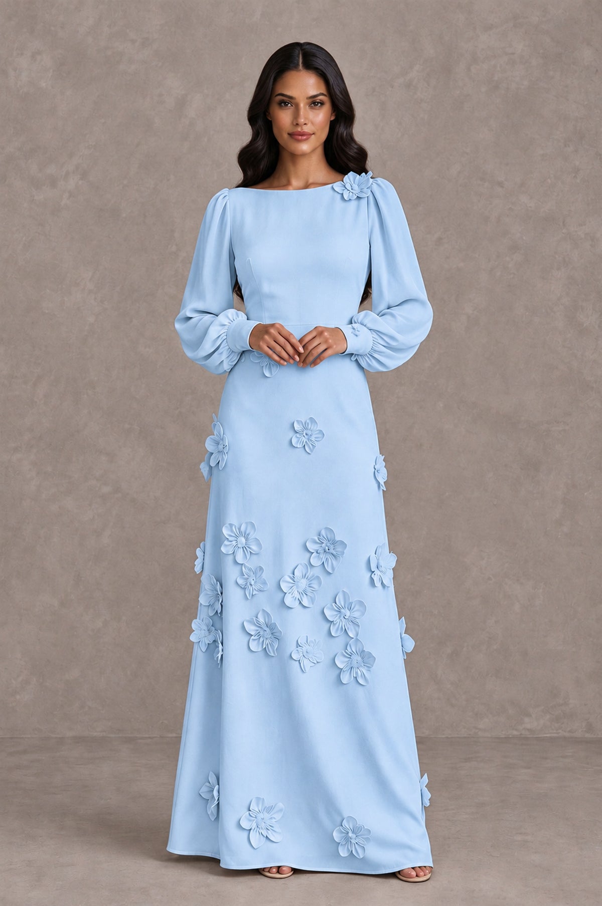 BOLODOO Light Blue Long Sleeve Floral Applique A-Line Evening Dress - Light Blue - Light Blue_3