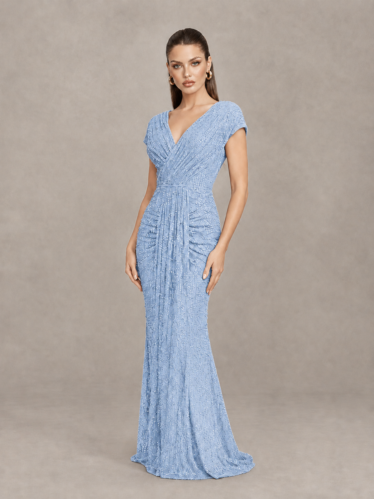 BOLODOO Light Blue Glitter V-Neck Cap Sleeve Ruched Mermaid Evening Gown - Light Blue - Light Blue_3