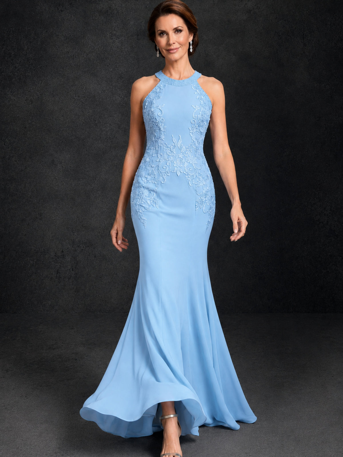 BOLODOO Light Blue Lace Applique Halter Neck Sheer Back Mermaid Maxi Dress with Sweep Train - Light Blue