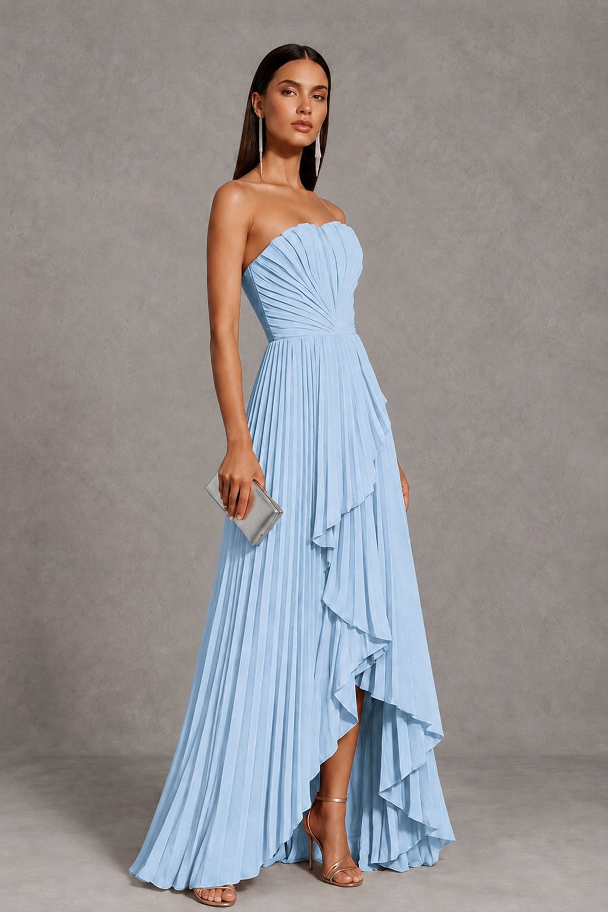 Light Blue Strapless Pleated High-Low Evening Gown with Ruffle Hem - Light Blue